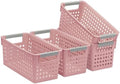 Soddeph 4 Pack Slim Plastic Storage Basket with Handles, Rectangular Storage Bins for Shelves,Narrow Organizer box for Organizing, Kitchen,Home,Office(Pink, Small)