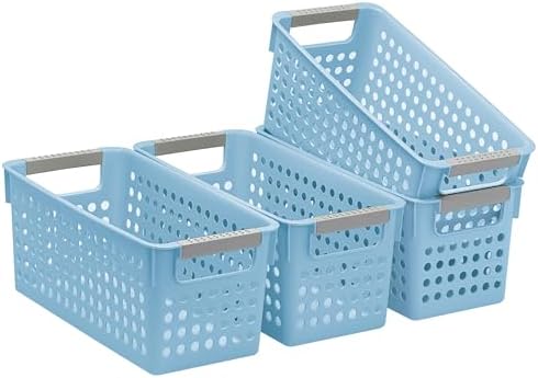Soddeph 4 Pack Slim Plastic Storage Basket with Handles, Rectangular Storage Bins for Shelves,Narrow Organizer box for Organizing, Kitchen,Home,Office (Blue, Small)
