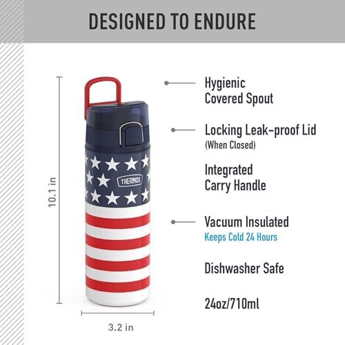 THERMOS ICON SERIES, Stainless Steel Water Bottle with Spout - 24 Ounce, American Flag - Vacuum Insulated Water Bottle with Lid