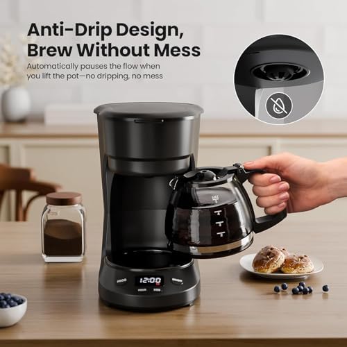 Kismile 5-Cup Drip Coffee Maker, LED Display, Timer,Anti-Drip & Shut-Off