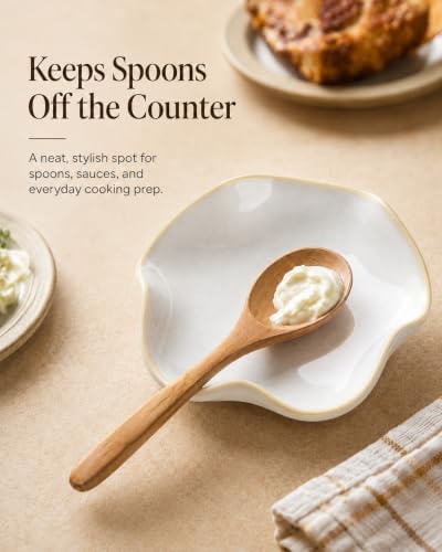 Miamolo Spoon Rest for Stove Top, Spoon Holder for Stove, 5.3In Ceramic Spoon Rest for Kitchen Counter, Coffee Spoon Holder with Ruffled Edge, Farmhouse Spatula Holder for Kitchen Decor, Beige