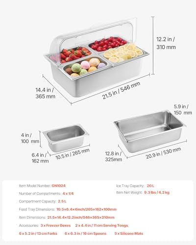 VEVOR Countertop Food Serving Display Container, 4 Pan Stainless Steel Food Serving Tray, Buffet Condiment Dispenser Display Rack with Clear Lid & 3 Freezer Boxes, for Restaurant Hotel Kitchen Party