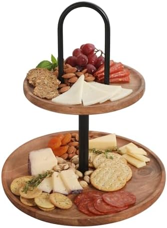 Gibson Home Gracious Dining 2-Tier Round Acacia Wood Serving Tray – Rustic Charcuterie Board Stand with Black Iron Handle – Tiered Party Platter, Dessert Display or Lazy Susan for Entertaining