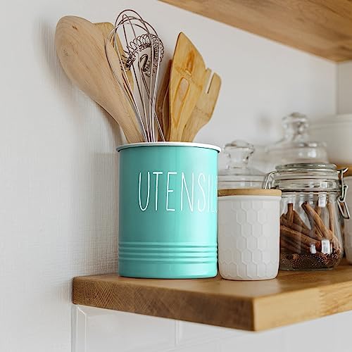 Bivvclaz Teal Kitchen Utensil Holder, 6.7" Utensil Holder for Kitchen Counter, Cooking Utensil Crock with Cork Bottom, Turquoise Decor and Accessories, Countertop Utensil Storage Caddy Organizer
