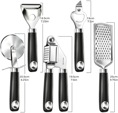 Kitchen 18/0 Stainless Steel Gadgets Utensil Set, Good Grip Utensils, Can Opener, Cheese Grater, Peeler, Pizza Cutter, Garlic Press, 5 Pcs