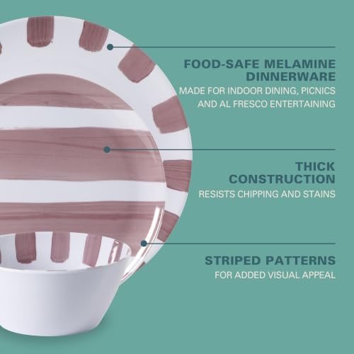 Gibson Home Cottage Stripes 12-Piece Melamine Plates and Bowls Dinnerware Set - Outdoor, Camping, & Everyday Use - Assorted Colors