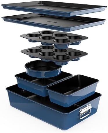 NutriChef 8-Piece Nonstick Bakeware Set - Baking Tray Set w/Non-Stick Coating, 450°F Oven Safe, Round Cake, Loaf, Muffin, Wide/Square Pans, Cookie Sheet (Blue)