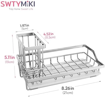 SWTYMIKI Kitchen Sink Caddy Sponge Holder, Kitchen Sink Organzier and Storage with High Brush Holder and Drip Tray for Dish Sponges, Silver