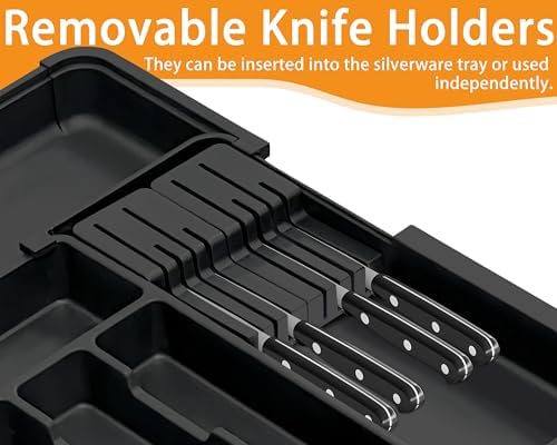 Homecor Silverware Organizer - Expandable Large Kitchen Drawer Organizer Utensil Organizer with 2 Removable Knife Blocks, 22"x 19"Cutlery Tray Drawer Dividers for Kitchen Flatware(6-9 Slots) (Black)