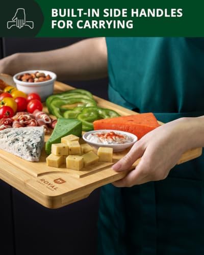 ROYAL CRAFT WOOD Wooden Cutting Boards for Kitchen Meal Prep & Serving - Bamboo Wood Serving Board Set with Deep Juice Groove Side Handles - Charcuterie & Chopping Butcher Block for Meat