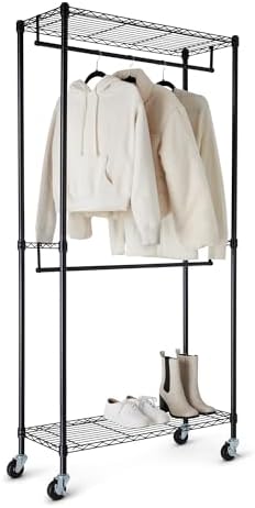 Amazon Basics Adjustable Double Rod Rolling Garment Rack, Hanging Clothes Closet Organizer with Wheels, Heavy Duty, 36" x 14" x 72", Black