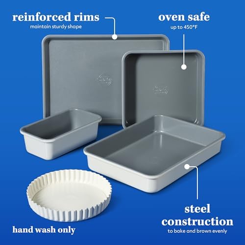 Sur La Table Kitchen Essential Carbon Steel Baking Pans Bakeware Set W/Premium PFOA, PFAS, PTFE Free Grey Non stick - Linen White Exterior