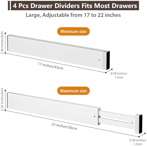 4 Pack Bamboo Drawer Dividers 17-22" Adjustable Kitchen Organizer, White