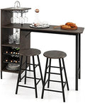 COSTWAY 3 Pieces Bar Table and Chair Set, Industrial Pub Table & Stools with Wine Glass Holders & 6-Bottle Wine Racks, Counter Height Dining Table Set for Living Room Dining Room Kitchen, Brown