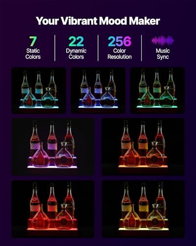 VEVOR LED Lighted Liquor Bottle Display, 2-Tier 16 Inch Whiskey Rack, Supports USB, Illuminated Home Bar Shelf with RF Remote & App Control, 7 Static Colors, Acrylic+ Wood Lighted Shelf for 8 Bottles