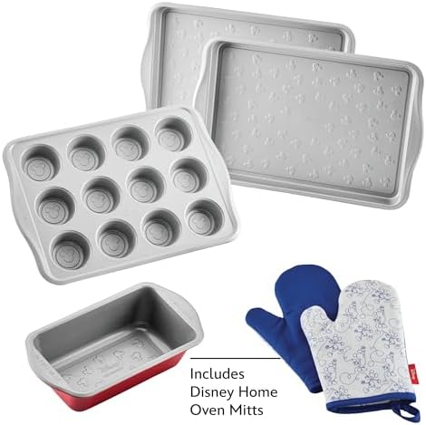Farberware Disney Bake with Mickey Mouse Nonstick Bakeware Set/Baking Pans with Disney Home Oven Mitts, Cookie Pans, Muffin/Cupcake and Loaf Pan, 6 Piece Non Stick Bakeware Set - Red