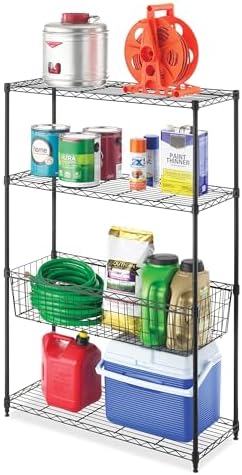 Whitmor 4 Tier Shelving Unit, Metal Storage Shelves with Basket, Adjustable Heavy Duty Shelf, 400 lbs Capacity per Shelf, 1600 lbs Total for Pantry, Garage, Workshop, 36" L x 14" W x 54" H, Black