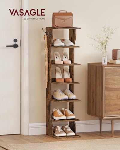 VASAGLE 7-Tier Vertical Shoe Rack, Narrow Shoe Storage Organizer with Hooks