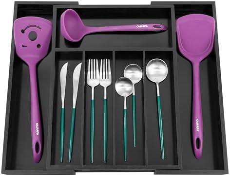 Utoplike Bamboo Silverware Drawer Organizer, Black Kitchen Utensils Tray