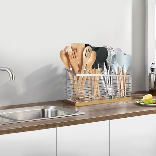 Suli Extra Large Kitchen Utensil Holder, 4 Compartments, Slivery