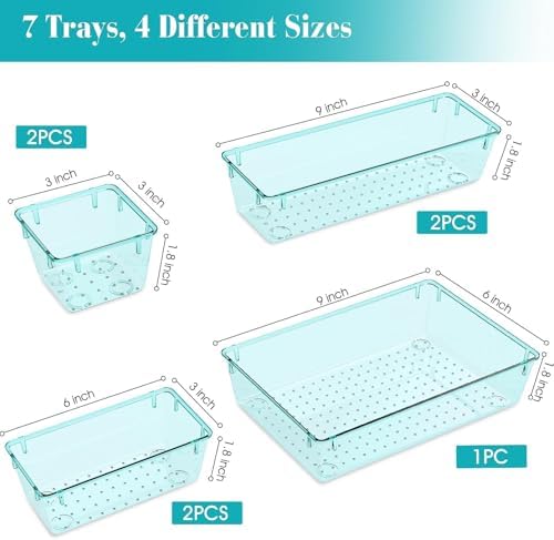 7 PCS Plastic Drawer Organizers Set, 4 Size Desk Drawer Organizer Trays
