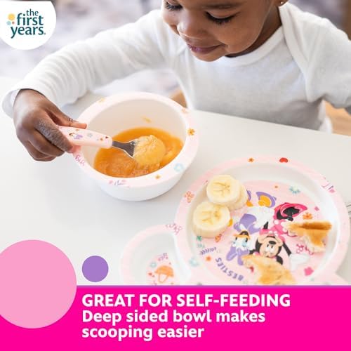 The First Years Disney Minnie Mouse Kids Dinnerware Set - Includes Toddler Plate, Bowl, Fork, and Spoon - Baby Led Weaning Supplies - 4 Count- Ages 9 Months and Up