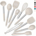 Onader Silicone Kitchen Utensils Set of 10, Cooking Utensils with Holder and Heat Resistant Stainless Steel Handle for Nonstick Cookware - Khaki