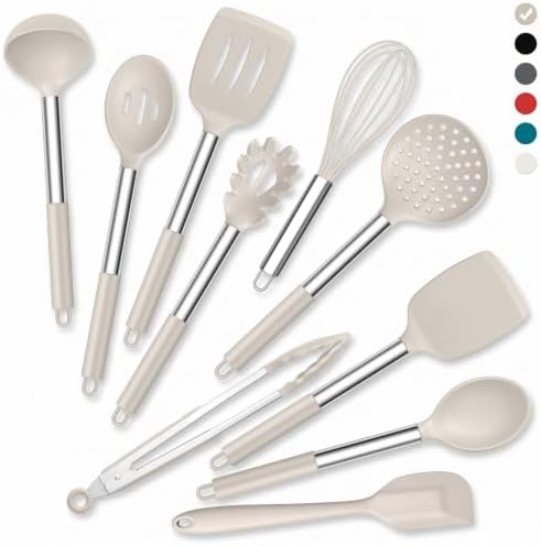 Onader Silicone Kitchen Utensils Set of 10, Cooking Utensils with Holder and Heat Resistant Stainless Steel Handle for Nonstick Cookware - Khaki