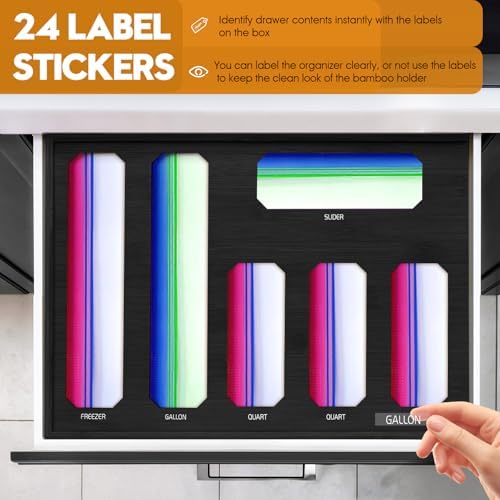 6 in 1 Bamboo Ziplock Bag Storage Organizer, Black Baggie Organizer for Drawer with Sliding Lid - Fits Gallon, Quart, Sandwich, Snack &Freezer Bags, Wall Mountable Kitchen Drawer Organization