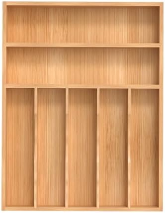 Silverware Organizer, Bamboo Kitchen Drawer Organizer, Utensil Holder, Cutlery Tray & Spoon Flatware Storage with Grooved Drawer Dividers (13''W x 17''D)