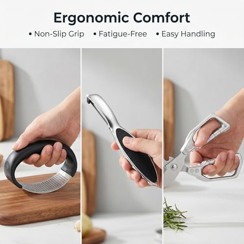 13-Piece Kitchen Gadget Set (Includes Storage Basket) — Features Kitchen Shears, Garlic Press, Knife Sharpener, Julienne Peeler, Standard Peeler, Anti-Scald Tongs (13 PCS-B)