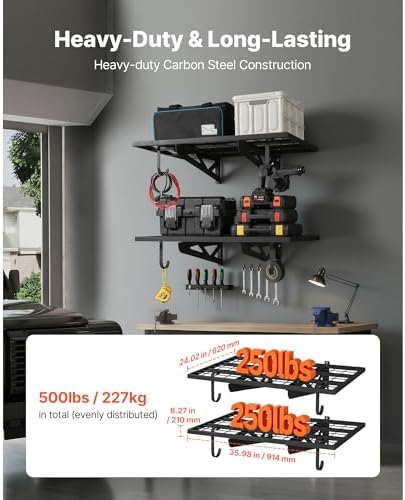 VEVOR 2-Pack Heavy Duty Garage Wall Shelving, 2 x 3 ft Steel Wall Mounted Shelving Unit with Hooks, 24 x 36 Inch Per Shelf Floating Storage Metal Rack for Garage, 500 lbs Total Weight Capacity