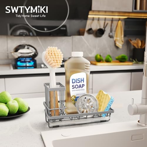 SWTYMIKI Sink Caddy Sponge Holder - Kitchen Sink Organizer with High Brush Holder for Countertop to Hold Dish Soaps and Sponges, Stainless Steel, Gray