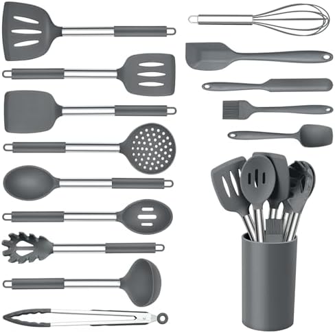 Onader Kitchen Cooking Utensils Set of 15, Silicone and Stainless Steel Utensils Spatula Set with Holder, Heat Resistant & Dishwasher Safe - Grey