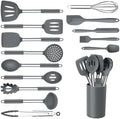 Onader Kitchen Cooking Utensils Set of 15, Silicone and Stainless Steel Utensils Spatula Set with Holder, Heat Resistant & Dishwasher Safe - Grey