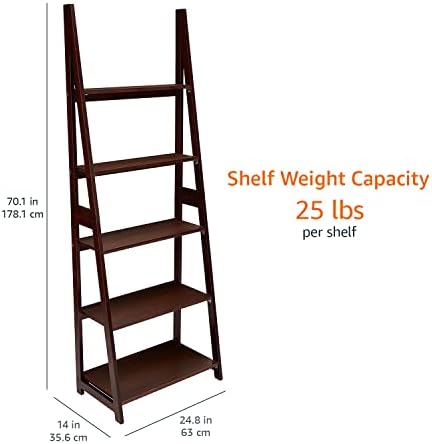 Amazon Basics 5-Tier Ladder Bookshelf Storage Organizer, Tall Bookcase for Small Space, Solid Rubberwood Frame, Modern Display Shelf, Espresso Finish, 14" D x 24.8" W x 70.1" H