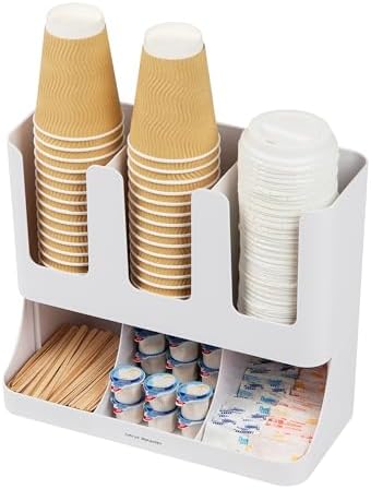 Mind Reader Cup and Condiment Station, 13 Inch Countertop Coffee Bar Organizer with 6 Compartments, Storage Caddy for Cups, Lids and Packets, Plastic, White 13" L x 6.4" W x 11.5" H (Pack of 4)