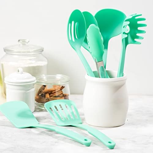 GreenLife Cooking Tools and Utensils, 7 Piece Nylon Set including Spatulas Turner Spoons and Tongs, Dishwasher Safe, Turquoise