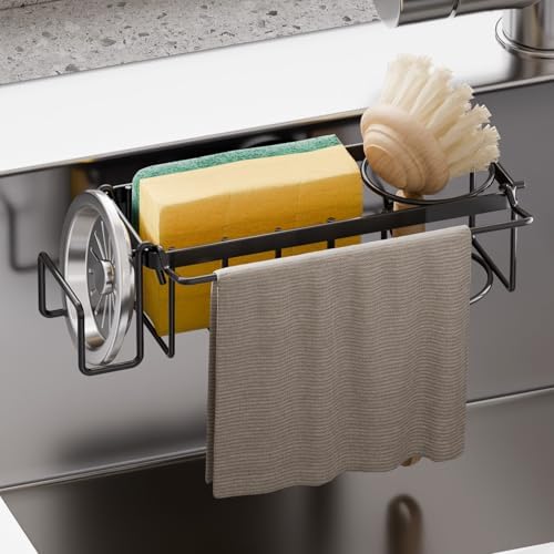 TAILI 4-in-1 Sponge Holder for Kitchen Sink with Strong Suction Cup-Black