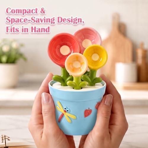 Cute Flower Ceramic Measuring Spoons Set with Base, Kitchen Decorate Gifts