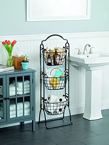 Gourmet Basics by Mikasa 5184916 Harbor Adjustable 3-Tier Metal Floor Standing Fruit/Home Storage Basket, Antique/Distressed Black and Copper