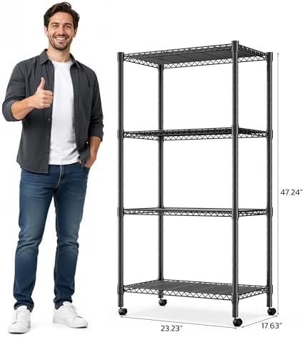 Simple Deluxe 4-Tier Heavy Duty Adjustable Storage Shelf with Wheels, 23.23”W x 17.63”D x 47.24”H, Wide Mobile Metal Shelving Unit, Easy Assembly for Living Room, Office,Black