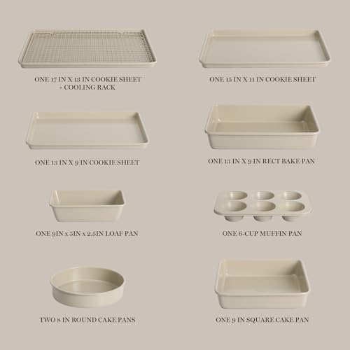Martha Stewart Gallen 10 Piece Baking Pans Ceramic PFA Free Non Toxic Non Stick Bakeware Set - Taupe
