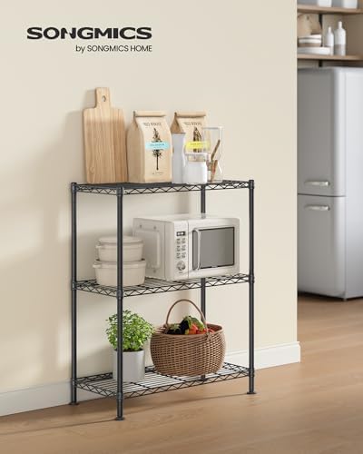 SONGMICS 3-Tier Storage Shelves, Adjustable Wire Shelving Unit, 8 Hooks