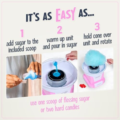 Nostalgia Cotton Candy Machine -Cotton Candy Maker With 2 Reusable Cones, 1 Sugar Scoop - Cotton Candy Machine for Kids Works with Flossing Sugar or Hard Candy for Fun & Convenience-Pink