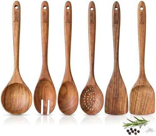 Boxiki Kitchen Luxury Teak Wood Utensil Set - Elegant 6-Piece Cooking Ensemble Including Spoons, Server, Scraper & Spatula - Expertly Crafted for Culinary Excellence