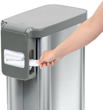 Glad Slim Trash Can with Clorox Odor Protection - Narrow Kitchen Garbage Bin with Soft Close Lid, Step On Foot Pedal and Waste Bag Roll Holder, All Stainless, 12 Gallon/45 Liter