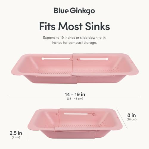 Blue Ginkgo Over Sink Colander, Extendable Kitchen Strainer, Pink
