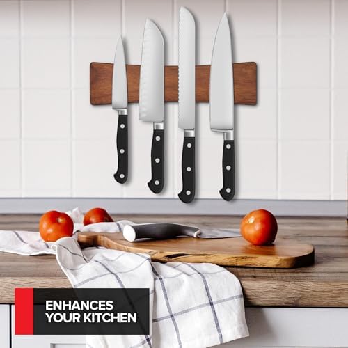 10 Inch Acacia Wood Magnetic Knife Holder with Multipurpose Use, Magnetic Knife Holders for Kitchen, Wooden Knife Rack, Magnet Strips for Knives & Metal Utensils, Tool Holder, Art Supply Organizer