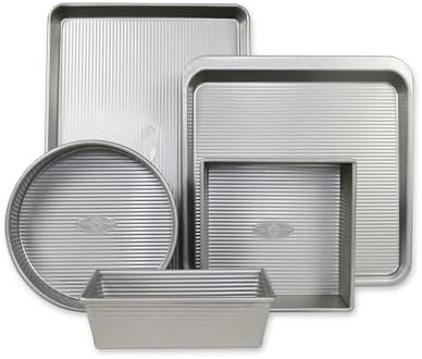 USA Pan Bakeware Aluminzed Steel 5-Piece Set Half, Cookie Sheet, Loaf, Square, Round Cake Pan